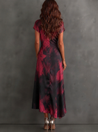 Red Black Abstract Print Wrap Midi Dress Collared V Neck Short Sleeve Tie Waist Ruffled High‑Low Hem Dress