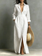 Amelie - Linen Blend Relaxed Button-Front Maxi Shirt Dress