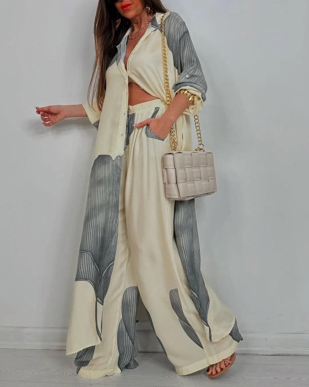 Helena - V-neck Patchwork Top and Pants Casual Set