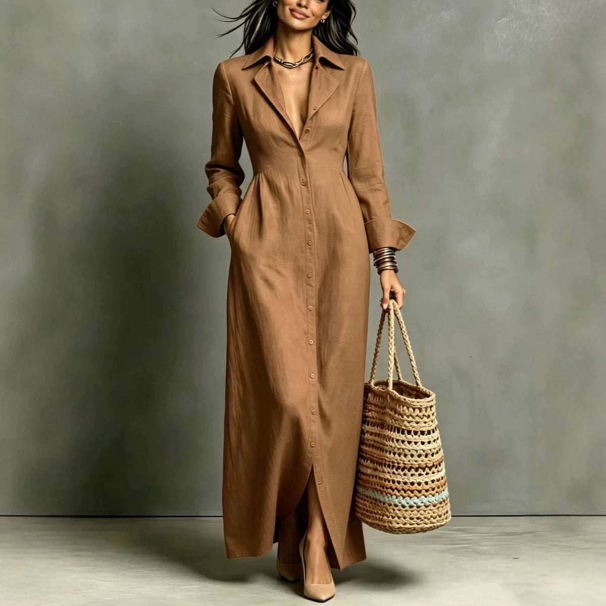 Amelie - Linen Blend Relaxed Button-Front Maxi Shirt Dress