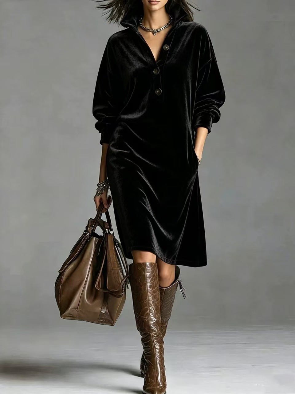 Vivienne | Velvet Button-Neck Relaxed Dress