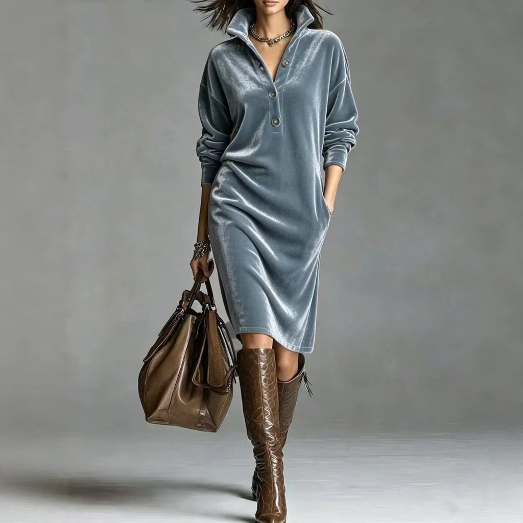 Vivienne | Velvet Button-Neck Relaxed Dress