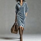 Vivienne | Velvet Button-Neck Relaxed Dress