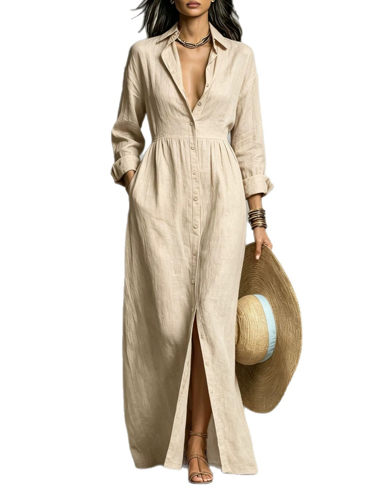 Amelie - Linen Blend Relaxed Button-Front Maxi Shirt Dress
