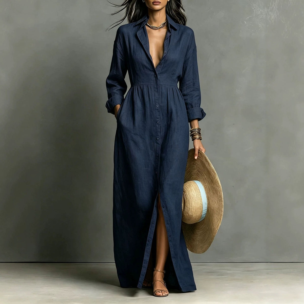 Amelie - Linen Blend Relaxed Button-Front Maxi Shirt Dress