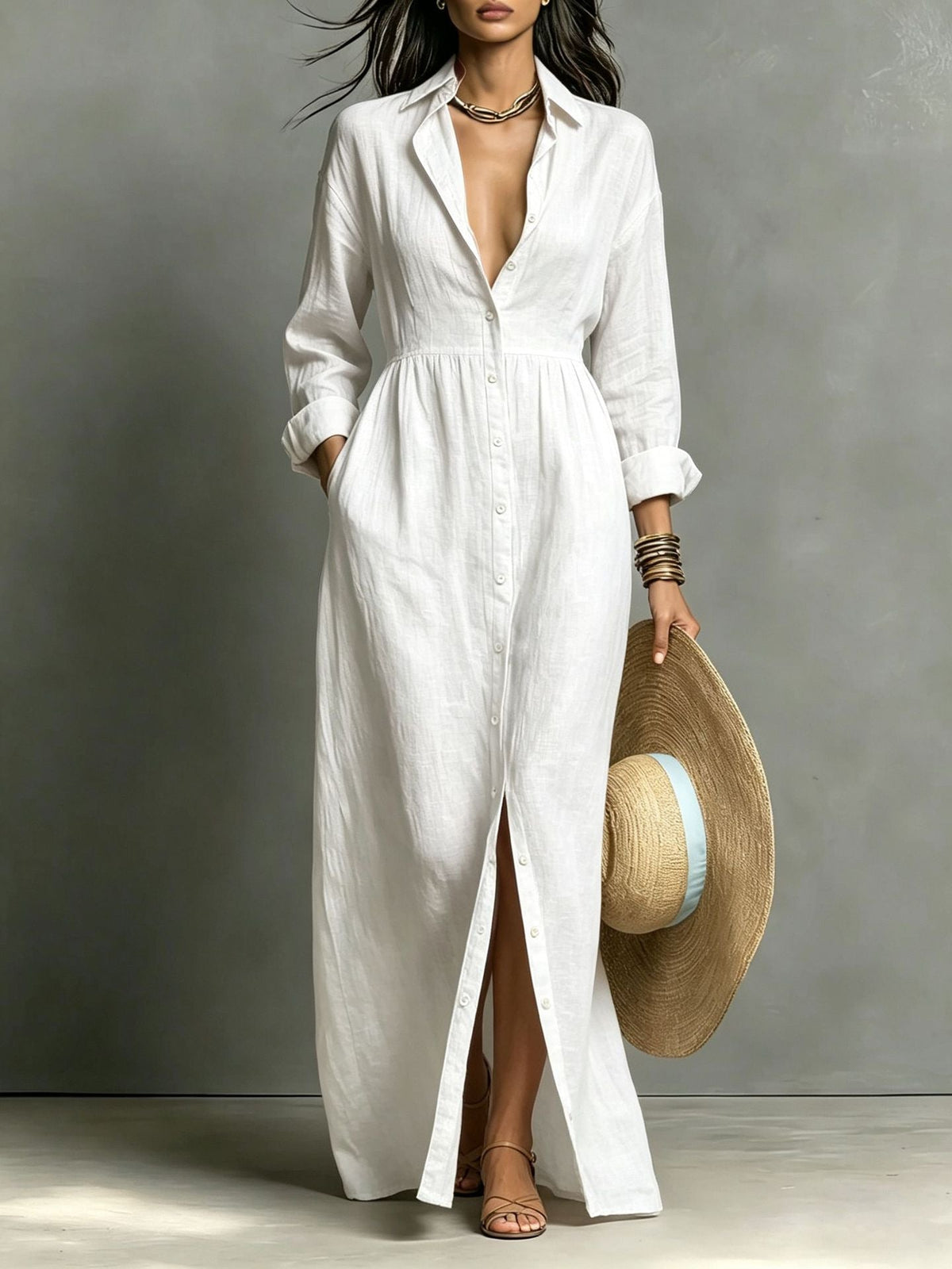 Amelie - Linen Blend Relaxed Button-Front Maxi Shirt Dress