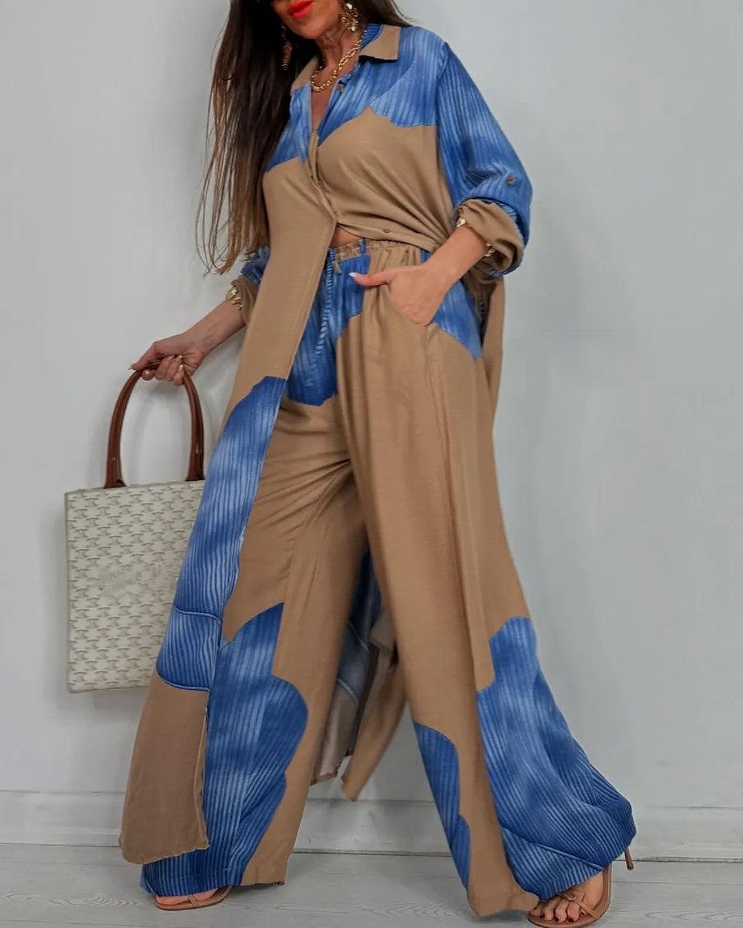 Helena - V-neck Patchwork Top and Pants Casual Set