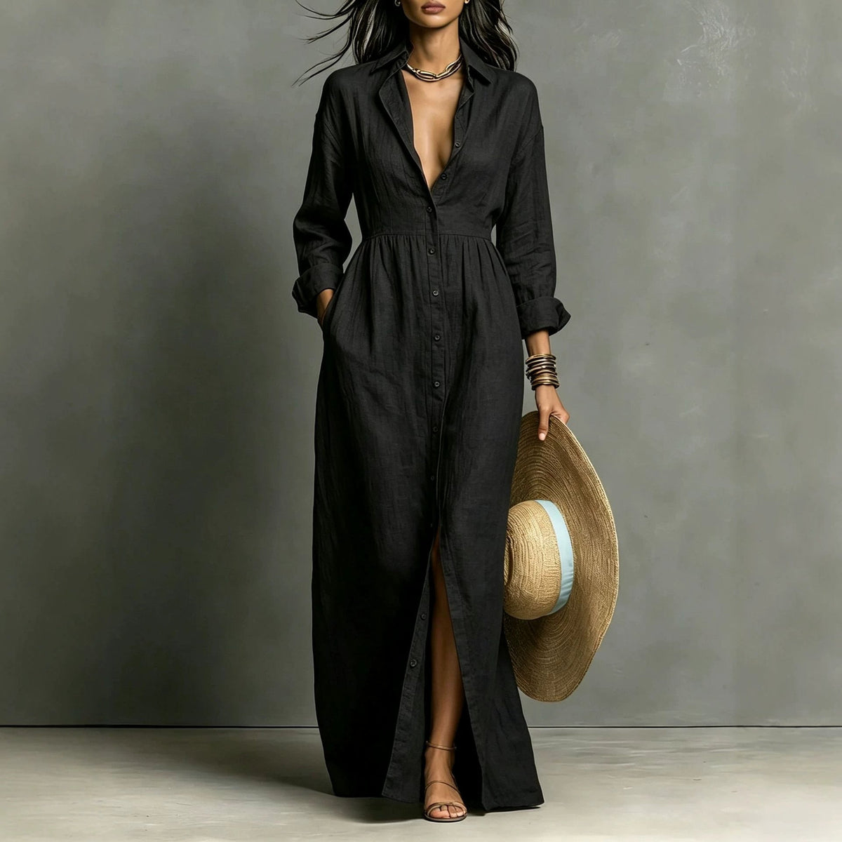 Amelie - Linen Blend Relaxed Button-Front Maxi Shirt Dress
