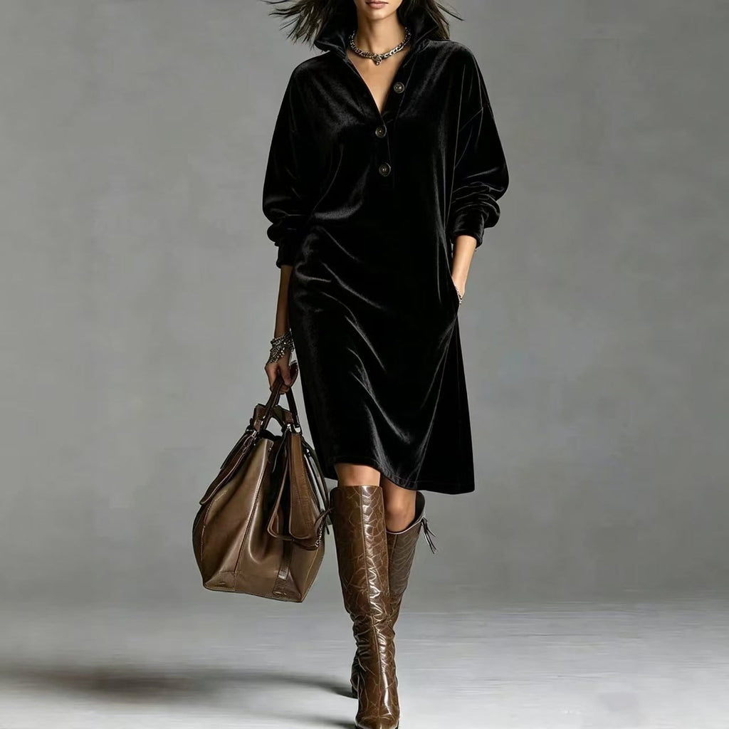 Vivienne | Velvet Button-Neck Relaxed Dress
