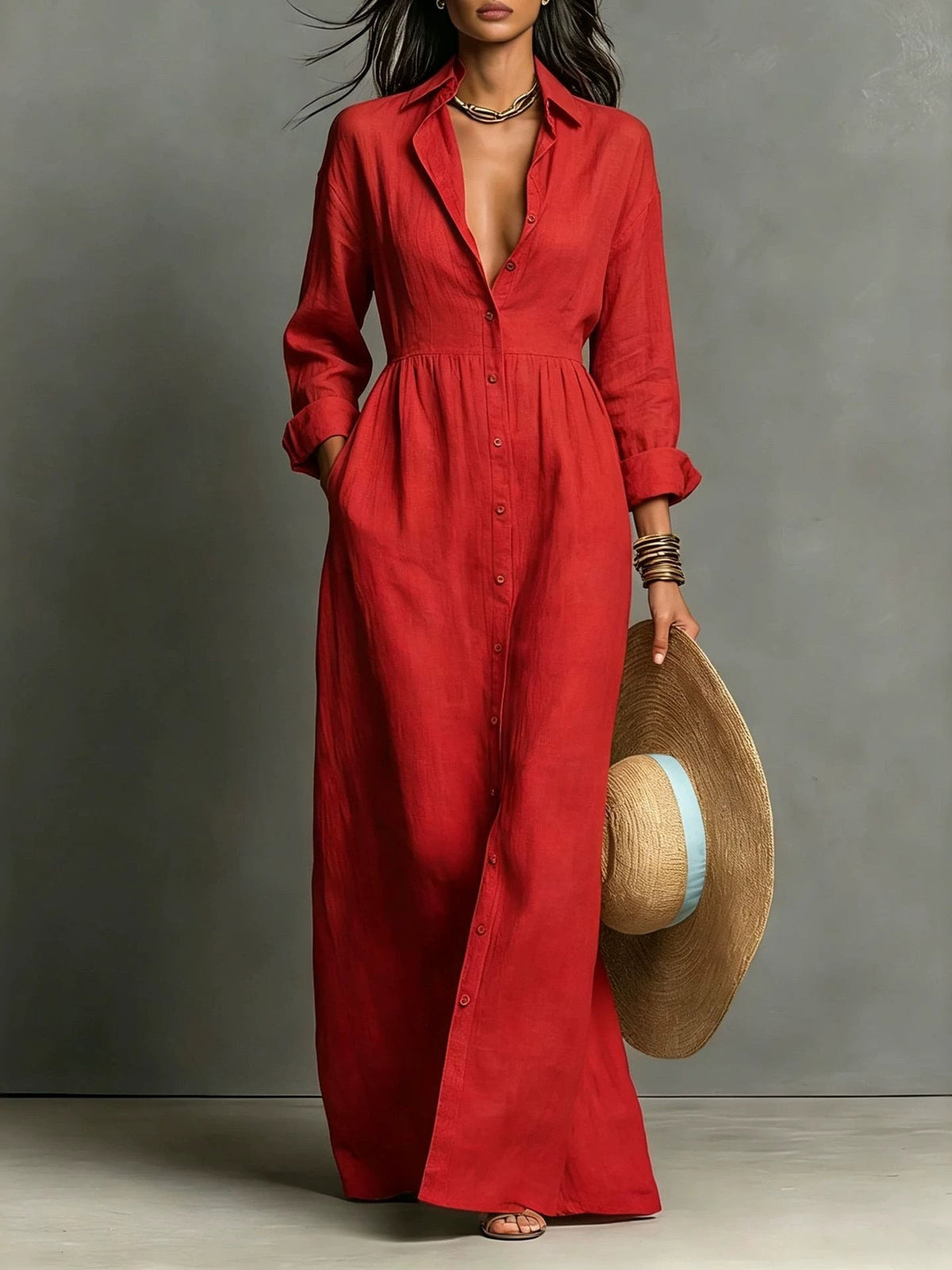 Amelie - Linen Blend Relaxed Button-Front Maxi Shirt Dress