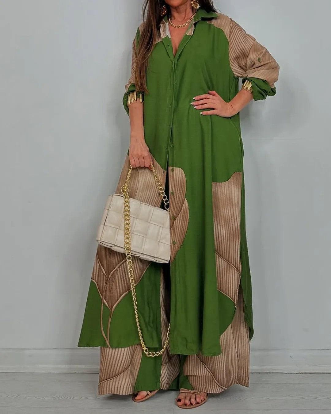 Helena - V-neck Patchwork Top and Pants Casual Set