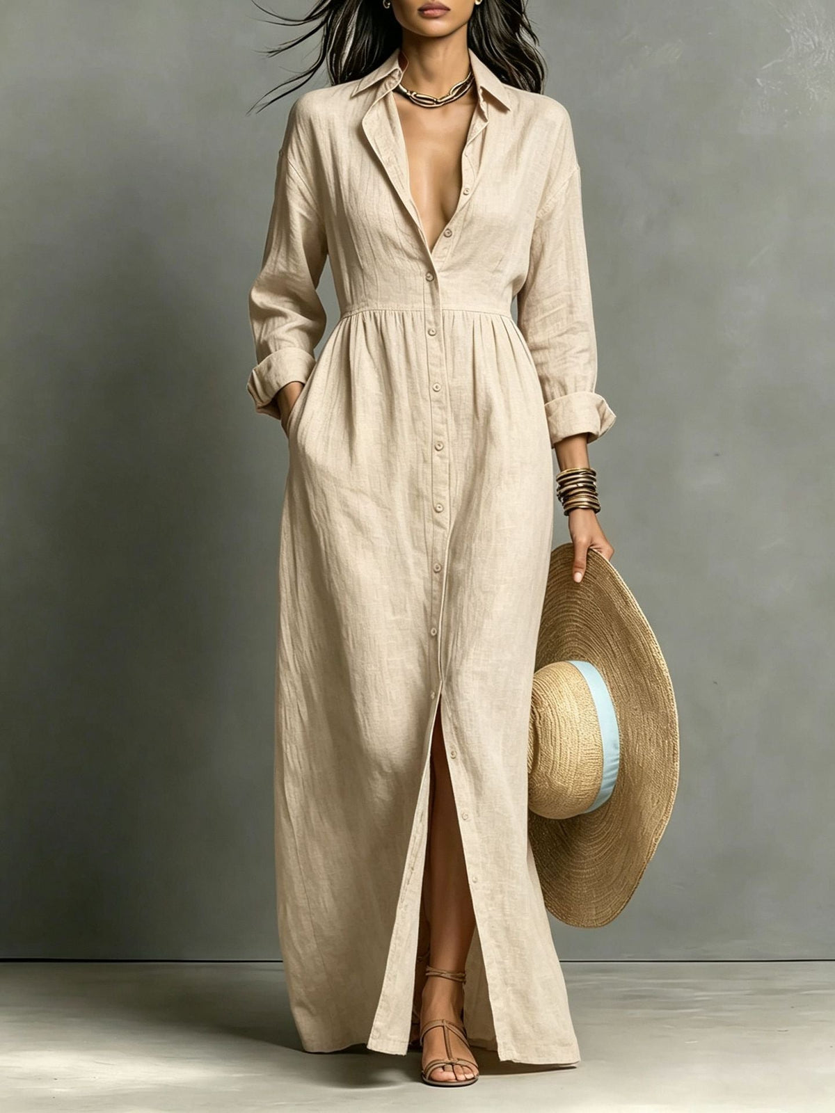 Amelie - Linen Blend Relaxed Button-Front Maxi Shirt Dress