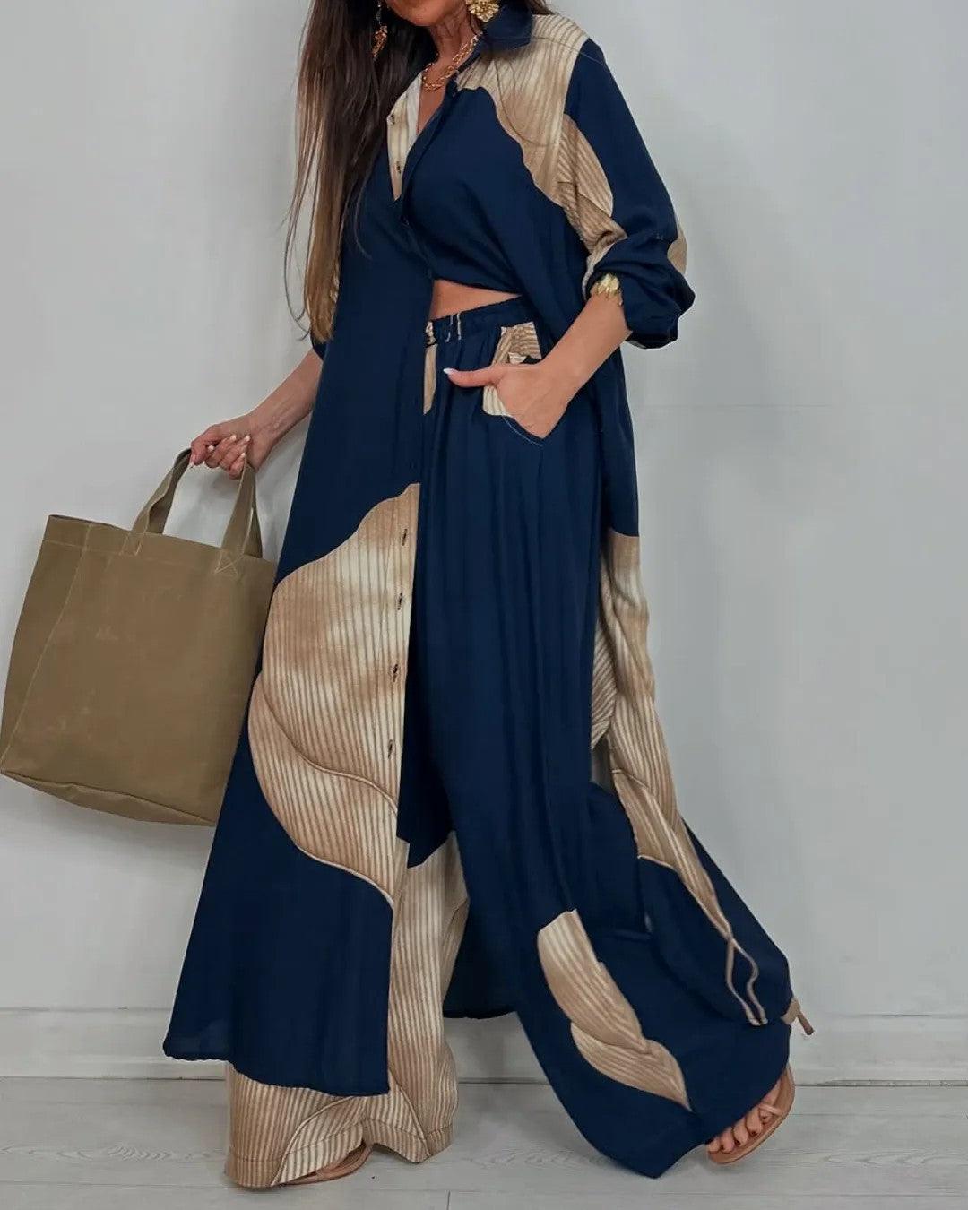 Helena - V-neck Patchwork Top and Pants Casual Set