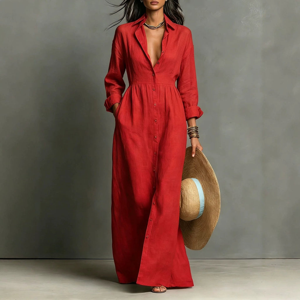 Amelie - Linen Blend Relaxed Button-Front Maxi Shirt Dress