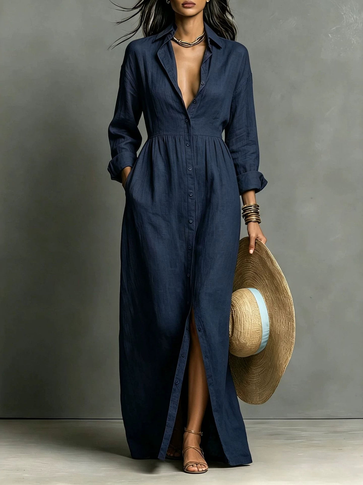 Amelie - Linen Blend Relaxed Button-Front Maxi Shirt Dress