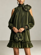 Ophelia - Elegant Olive Green Pleated Mini Dress with High Neck, Ruffle Hem & Rose Detail