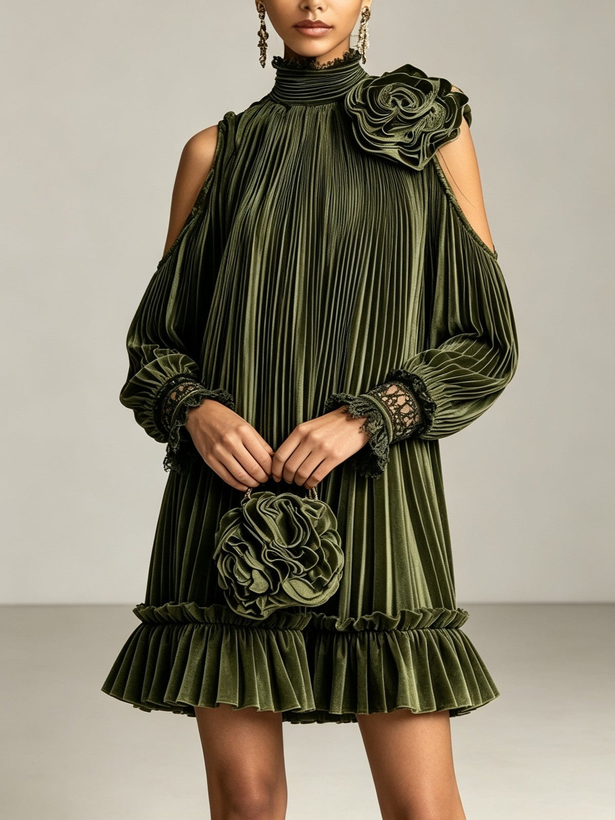 Ophelia - Elegant Olive Green Pleated Mini Dress with High Neck, Ruffle Hem & Rose Detail