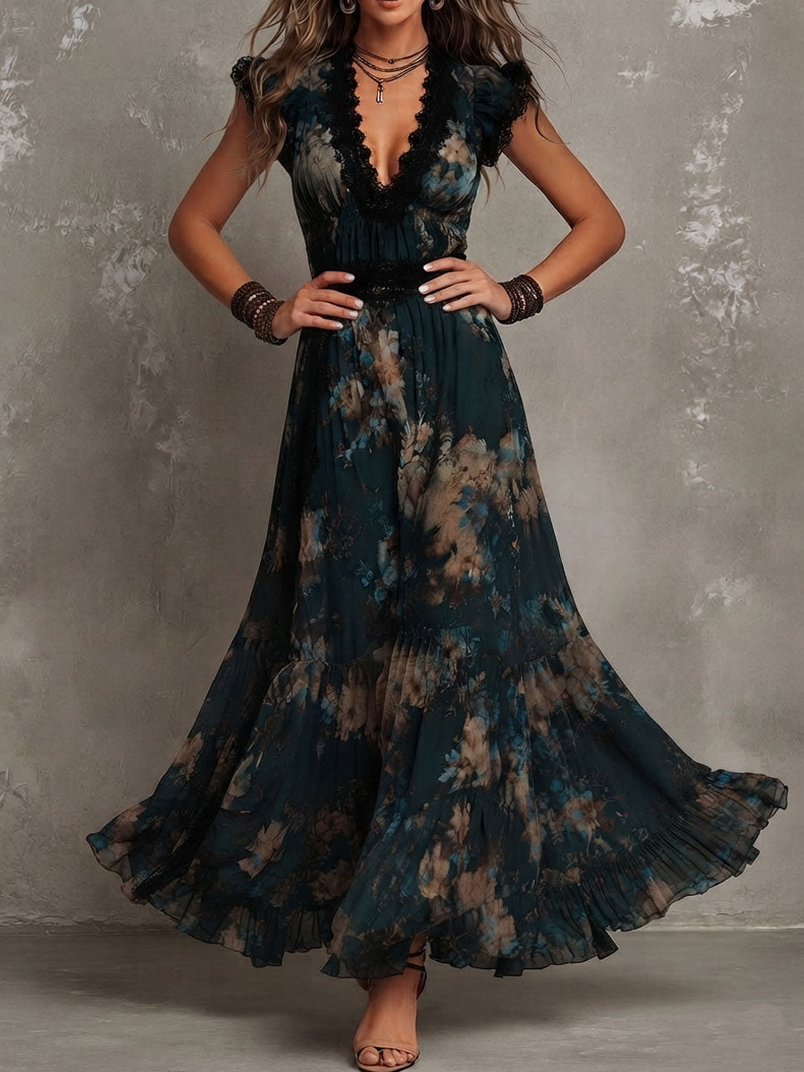 Lucia | Long Vintage Dress with Floral Lace