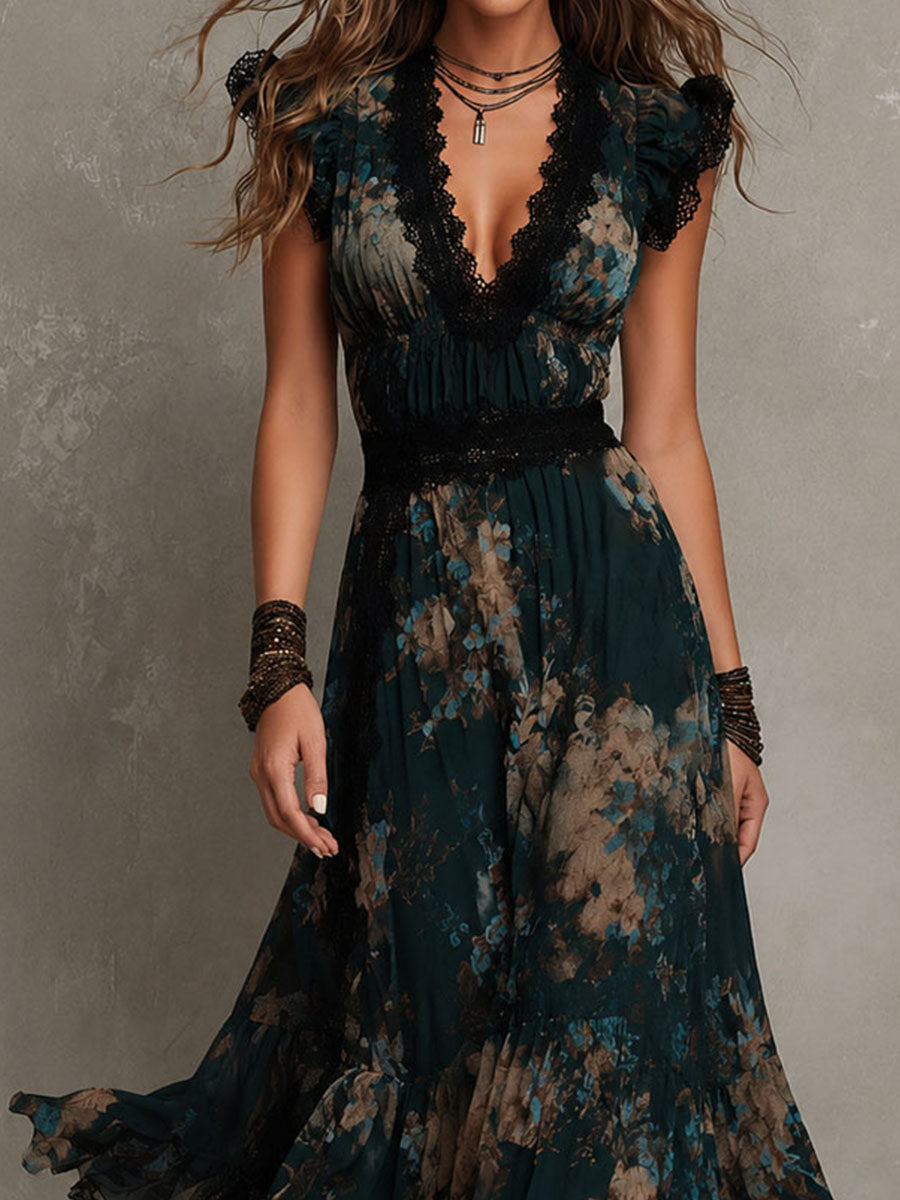 Lucia | Long Vintage Dress with Floral Lace