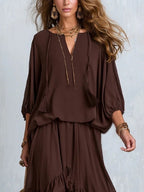 Sabrina - Brown Chiffon Tassel Drawstring Top With A Ruffled Layered Skirt