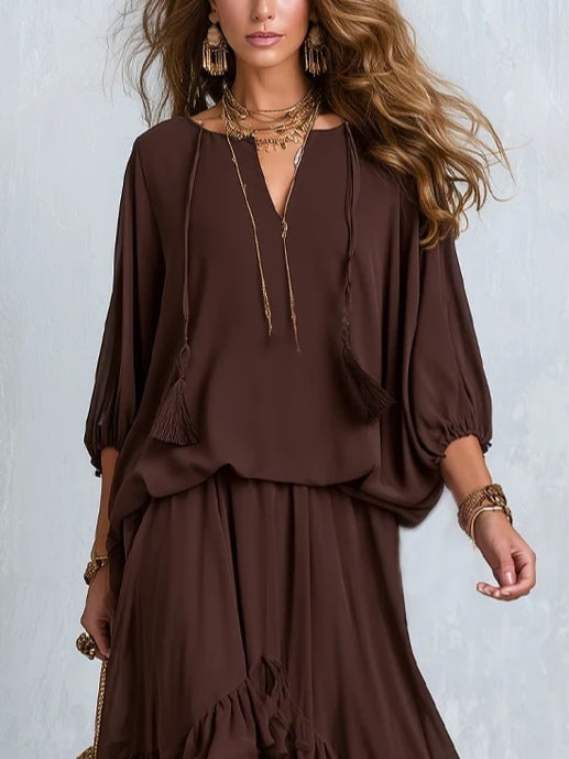Sabrina - Brown Chiffon Tassel Drawstring Top With A Ruffled Layered Skirt