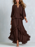Sabrina - Brown Chiffon Tassel Drawstring Top With A Ruffled Layered Skirt