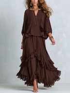 Sabrina - Brown Chiffon Tassel Drawstring Top With A Ruffled Layered Skirt