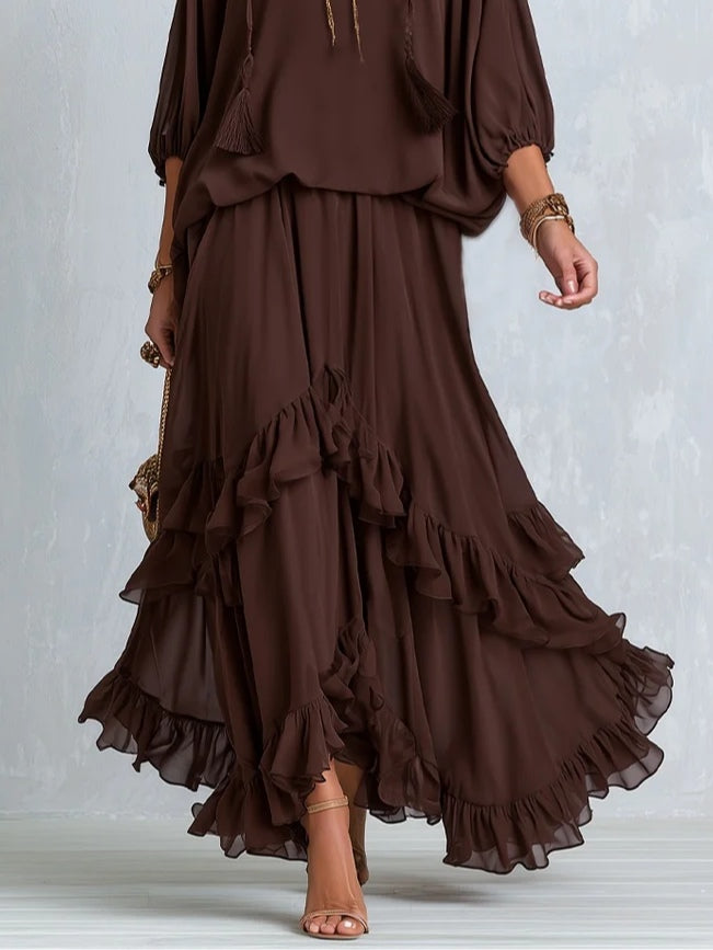 Sabrina - Brown Chiffon Tassel Drawstring Top With A Ruffled Layered Skirt