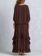 Sabrina - Brown Chiffon Tassel Drawstring Top With A Ruffled Layered Skirt