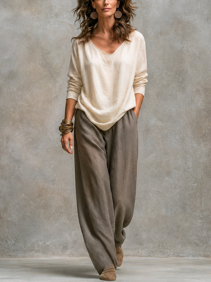 Costanza | Elegant Three-Piece Set in Beige and Gray with Layered Palazzo Trousers