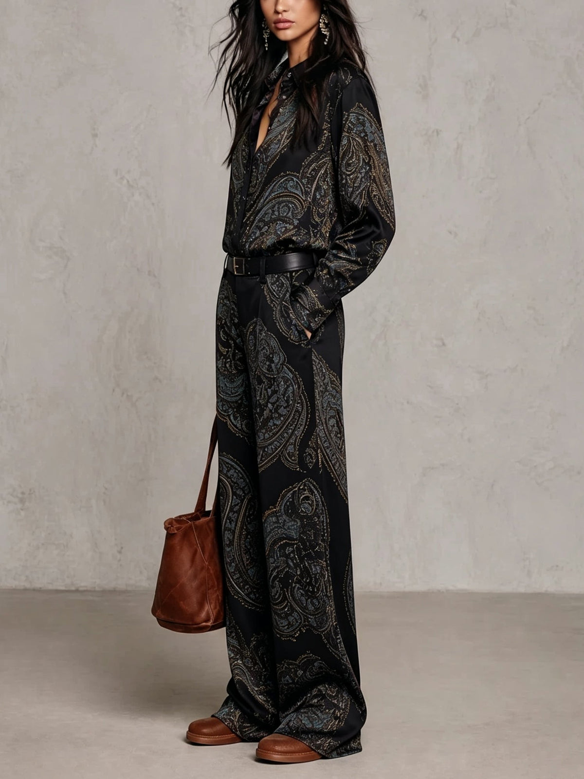 Juliette - Paisley Print Satin Long-sleeve Shirt And Wide-leg Trousers Set