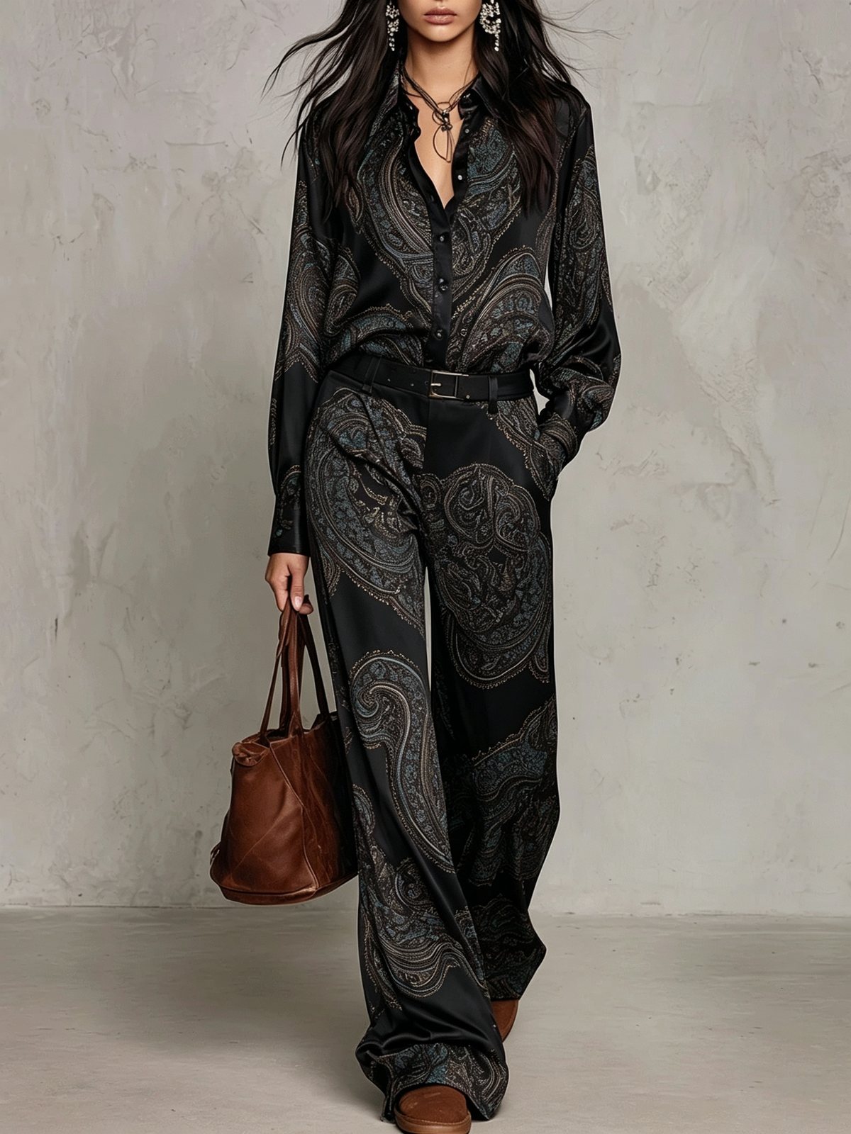 Juliette - Paisley Print Satin Long-sleeve Shirt And Wide-leg Trousers Set