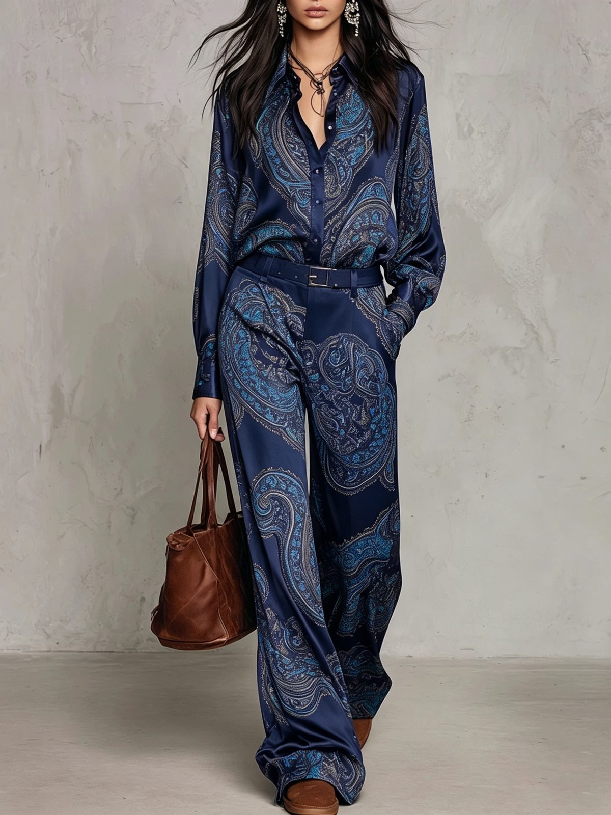 Juliette - Paisley Print Satin Long-sleeve Shirt And Wide-leg Trousers Set