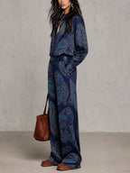 Juliette - Paisley Print Satin Long-sleeve Shirt And Wide-leg Trousers Set