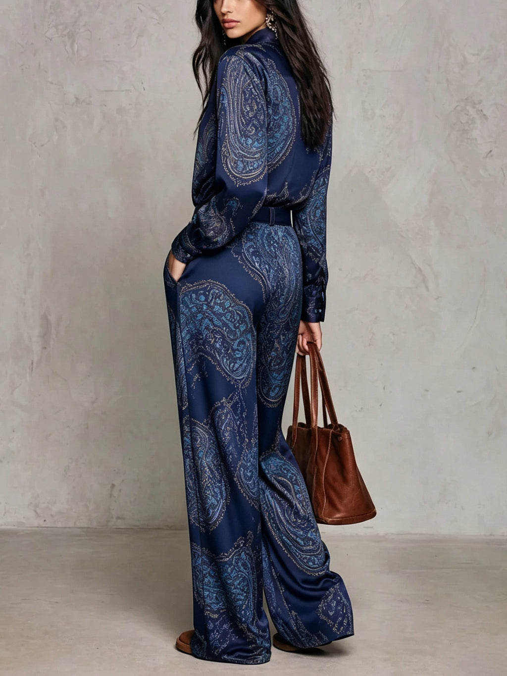 Juliette - Paisley Print Satin Long-sleeve Shirt And Wide-leg Trousers Set