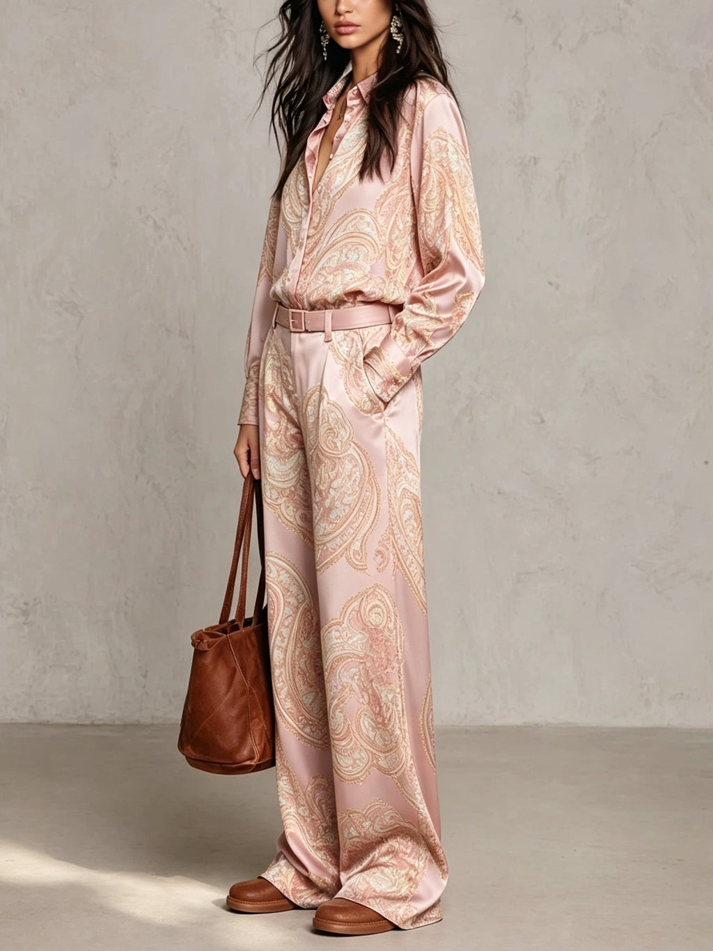 Juliette - Paisley Print Satin Long-sleeve Shirt And Wide-leg Trousers Set