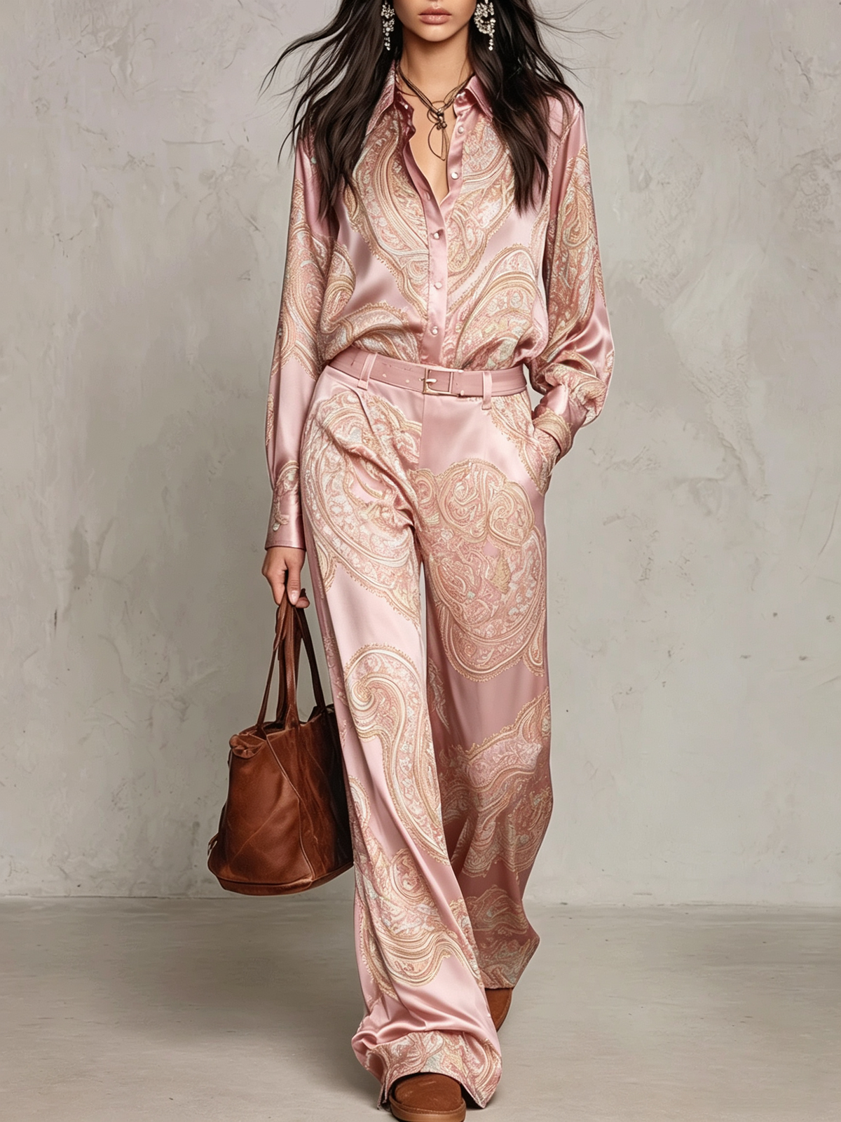 Juliette - Paisley Print Satin Long-sleeve Shirt And Wide-leg Trousers Set