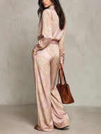 Juliette - Paisley Print Satin Long-sleeve Shirt And Wide-leg Trousers Set