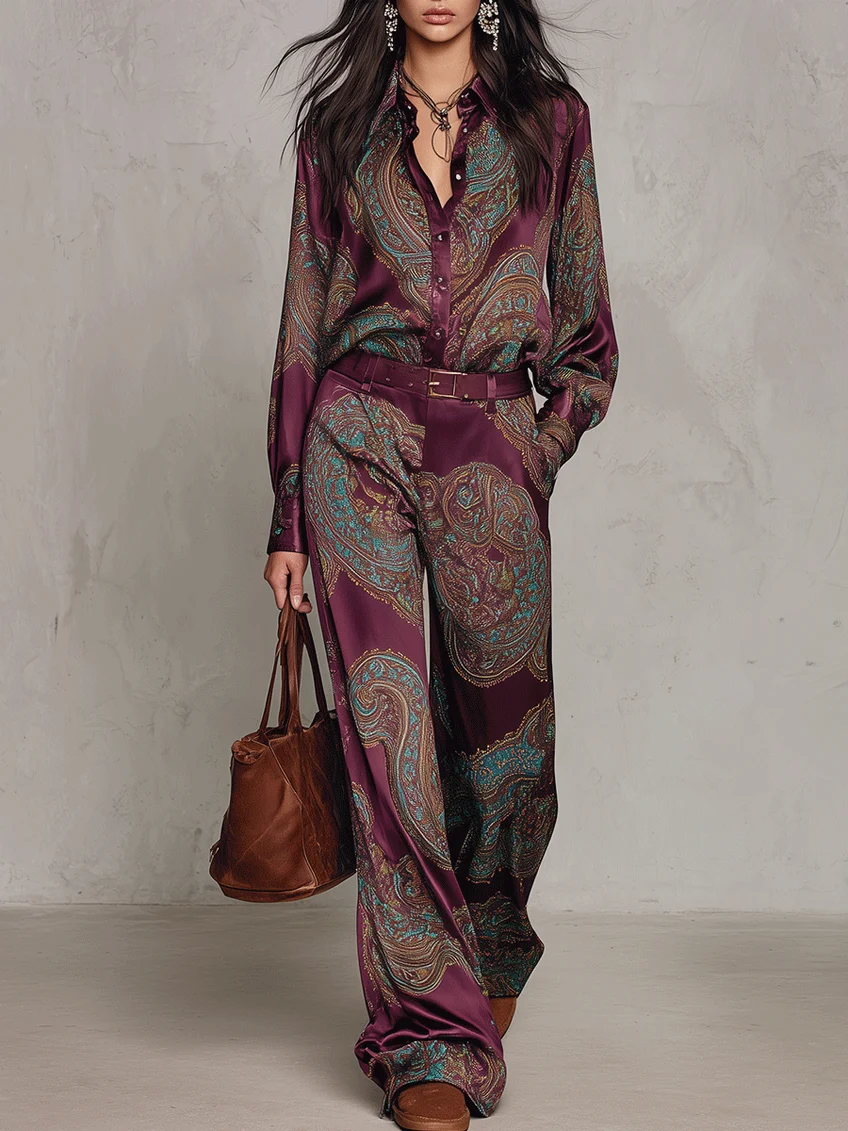 Juliette - Paisley Print Satin Long-sleeve Shirt And Wide-leg Trousers Set