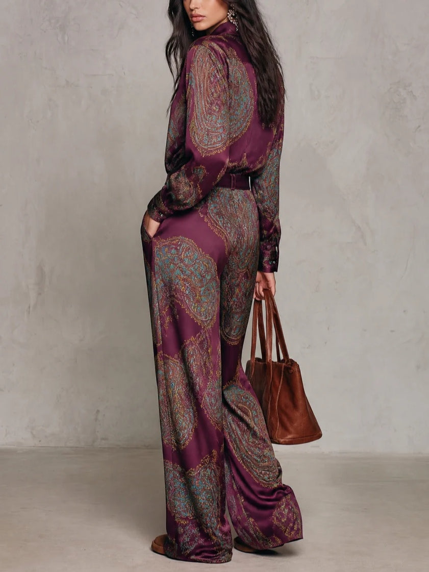 Juliette - Paisley Print Satin Long-sleeve Shirt And Wide-leg Trousers Set