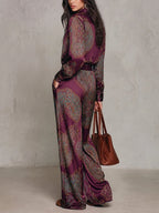 Juliette - Paisley Print Satin Long-sleeve Shirt And Wide-leg Trousers Set