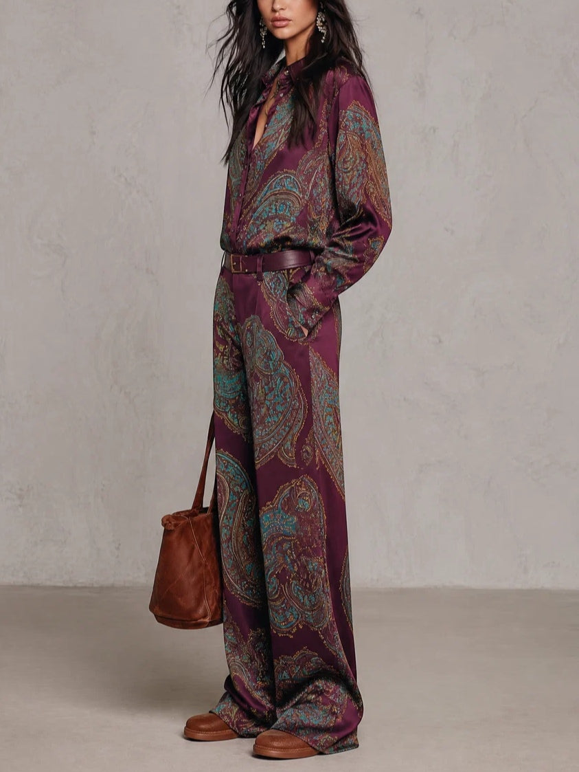 Juliette - Paisley Print Satin Long-sleeve Shirt And Wide-leg Trousers Set