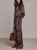 Juliette - Paisley Print Satin Long-sleeve Shirt And Wide-leg Trousers Set