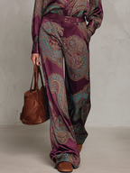 Juliette - Paisley Print Satin Long-sleeve Shirt And Wide-leg Trousers Set