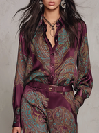 Juliette - Paisley Print Satin Long-sleeve Shirt And Wide-leg Trousers Set