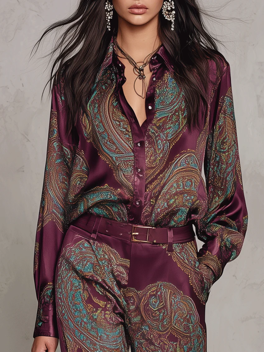 Juliette - Paisley Print Satin Long-sleeve Shirt And Wide-leg Trousers Set