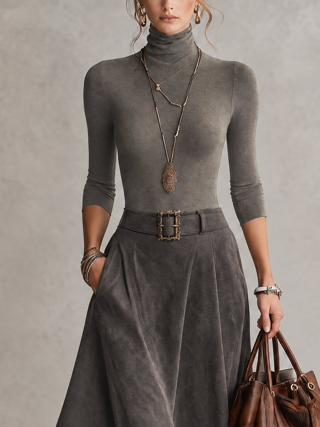 Francesca | Gray High Neck Top and Asymmetrical Midi Skirt