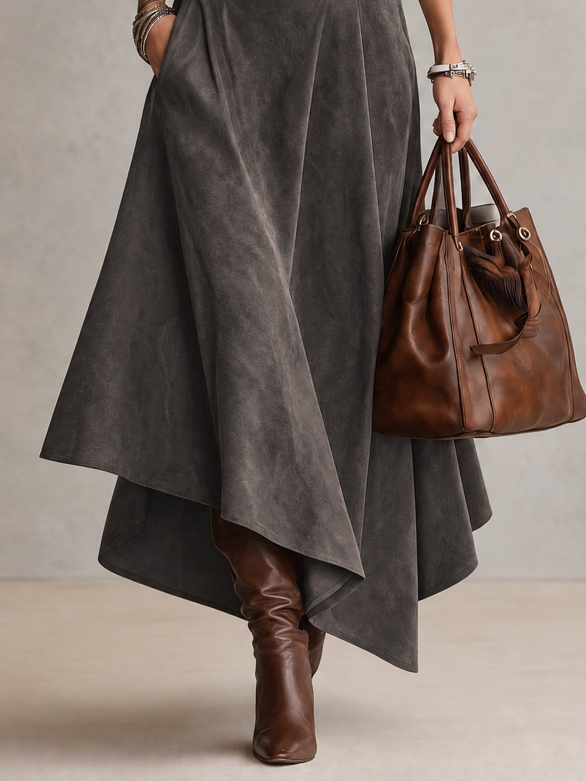 Francesca | Gray High Neck Top and Asymmetrical Midi Skirt