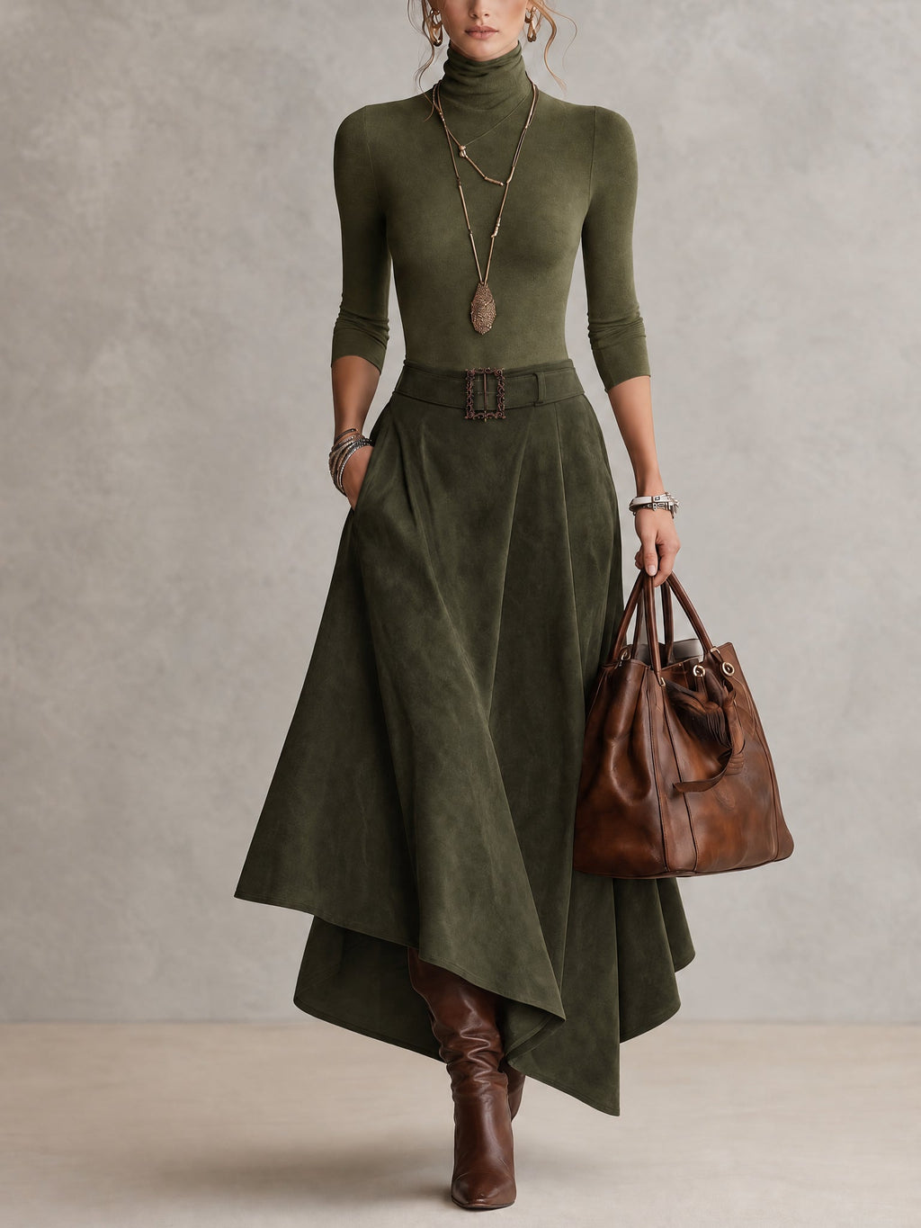 Isadora - Turtleneck Top And Asymmetrical Skirt Set
