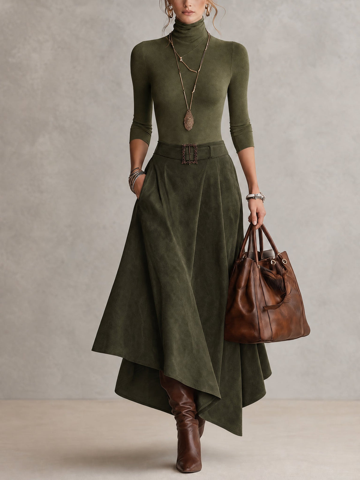 Isadora - Turtleneck Top And Asymmetrical Skirt Set